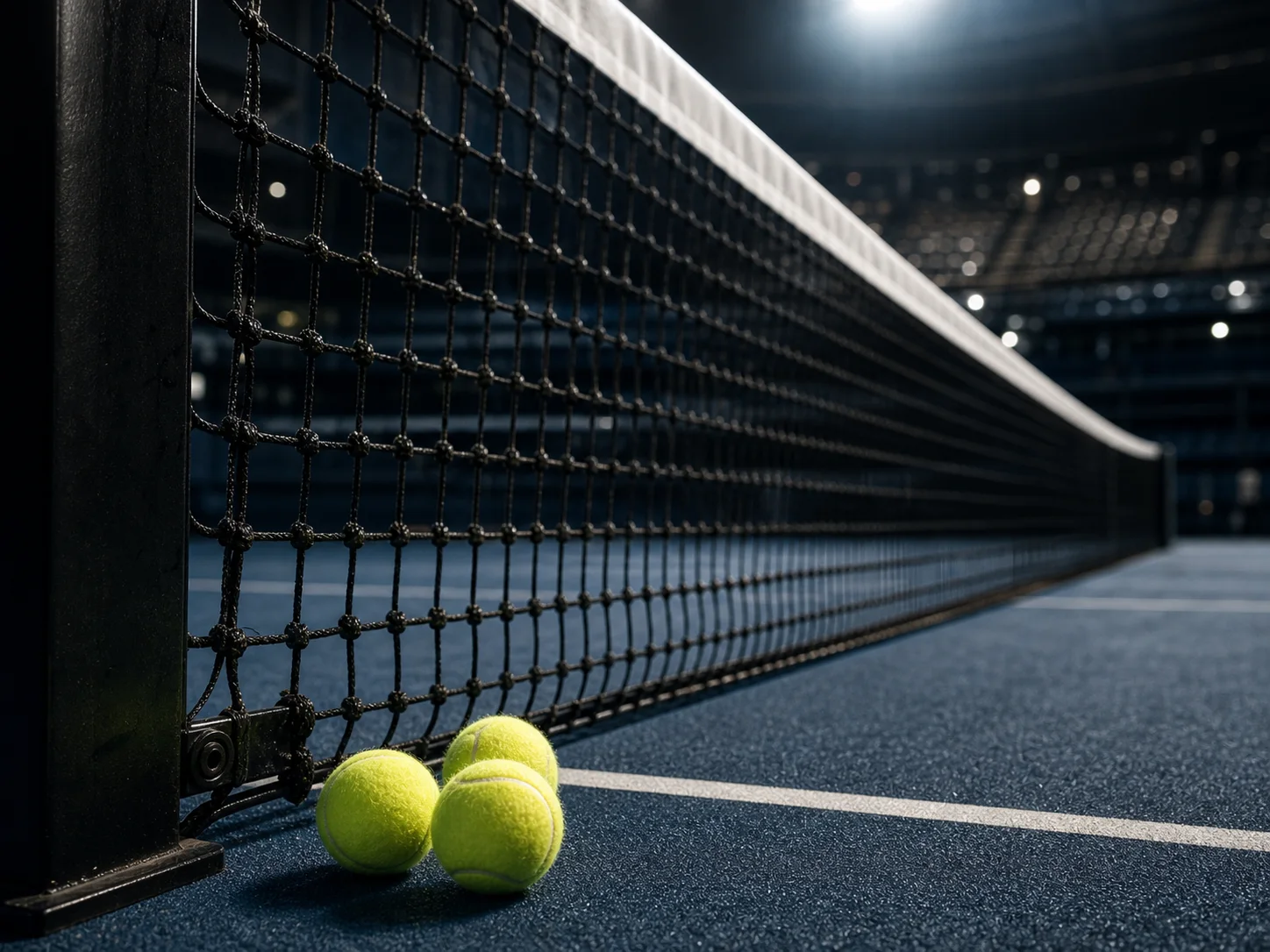 Pelotas junto a la red de una cancha de tenis iluminada